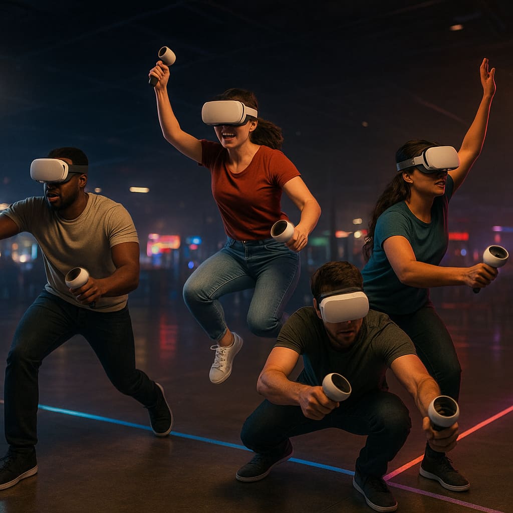 Multiplayer VR Arena mit Gruppe in Bewegung