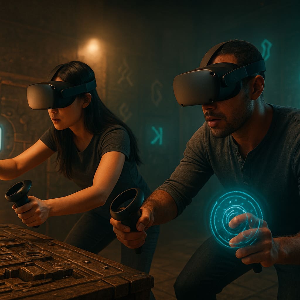 Zwei Personen in einem VR Escape Room Erlebnis